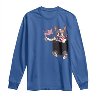 Funny Patriotic French Bulldog in Pocket Graphic Long Sleeve Shirt Cute Frenchie Waving US Flag Sunglasses Faux Summer