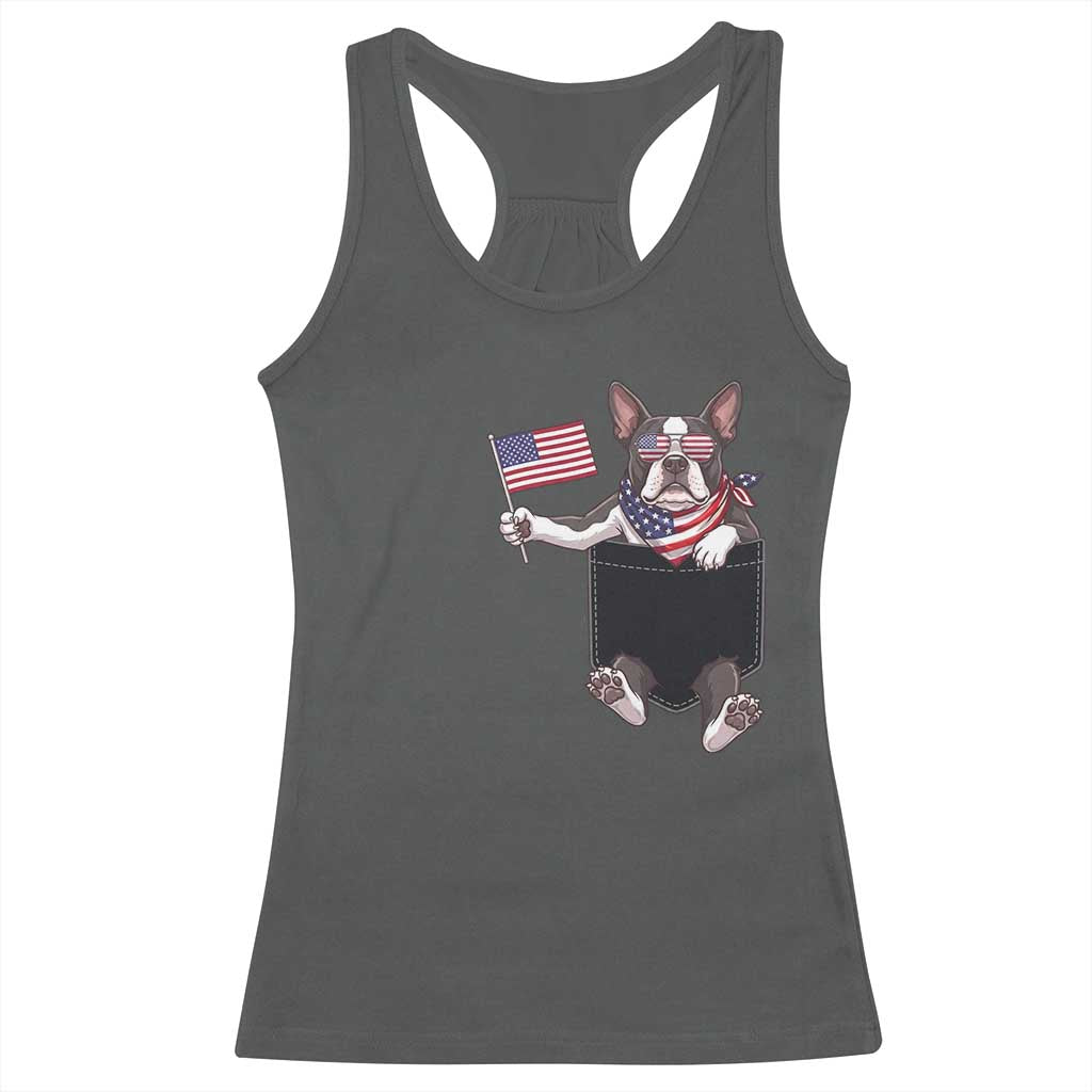 Funny Patriotic French Bulldog in Pocket Graphic Racerback Tank Top Cute Frenchie Waving US Flag Sunglasses Faux Summer