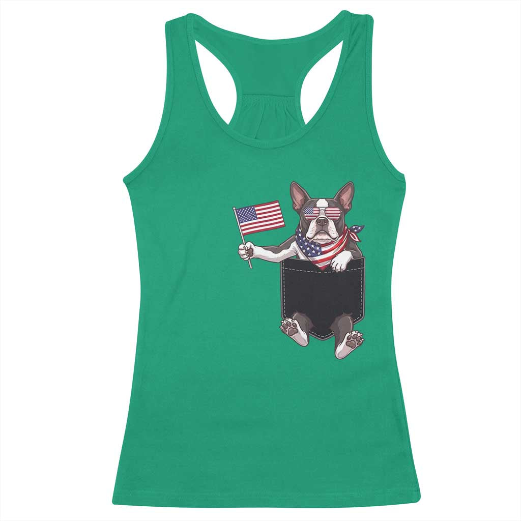 Funny Patriotic French Bulldog in Pocket Graphic Racerback Tank Top Cute Frenchie Waving US Flag Sunglasses Faux Summer