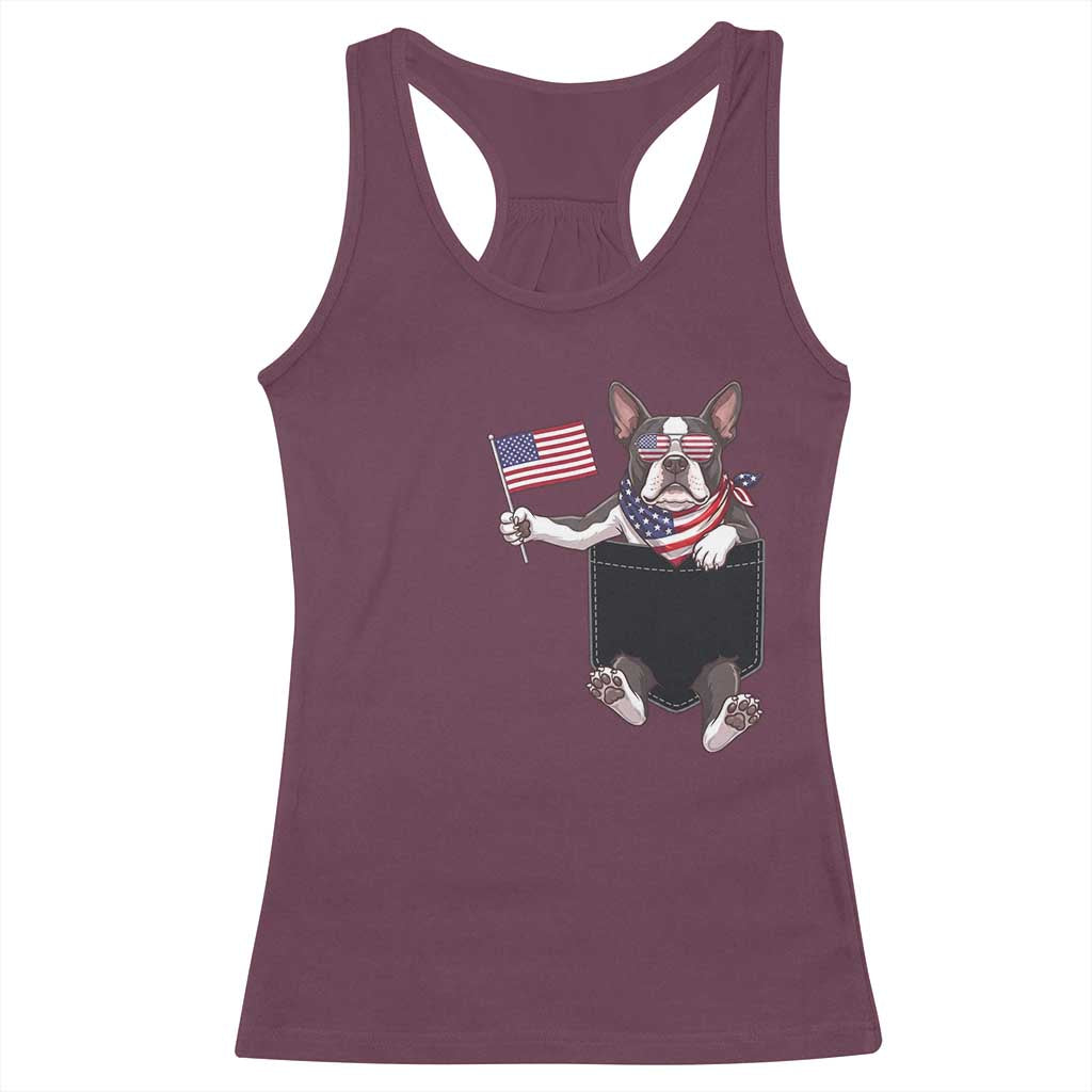 Funny Patriotic French Bulldog in Pocket Graphic Racerback Tank Top Cute Frenchie Waving US Flag Sunglasses Faux Summer