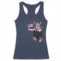 Funny Patriotic French Bulldog in Pocket Graphic Racerback Tank Top Cute Frenchie Waving US Flag Sunglasses Faux Summer