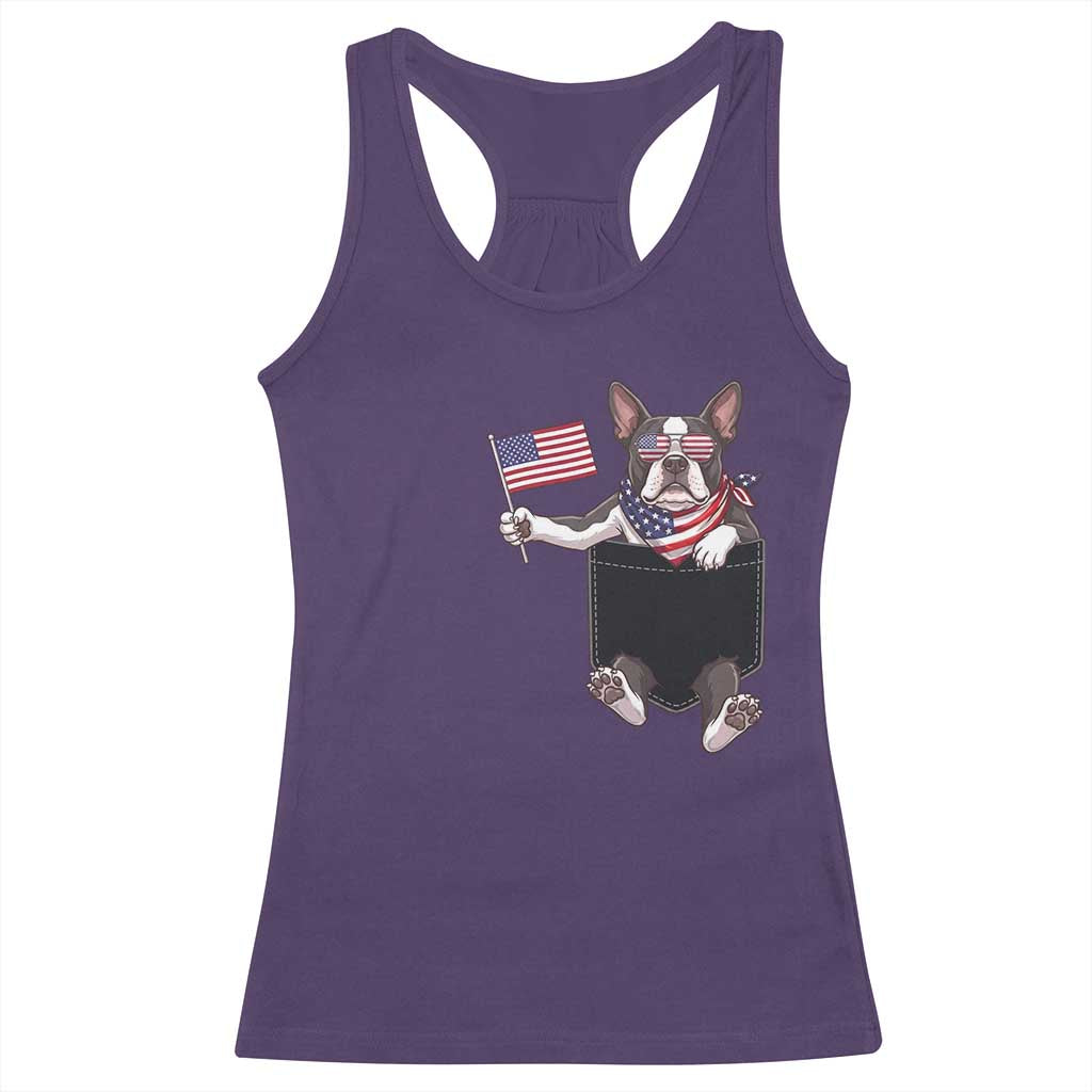 Funny Patriotic French Bulldog in Pocket Graphic Racerback Tank Top Cute Frenchie Waving US Flag Sunglasses Faux Summer