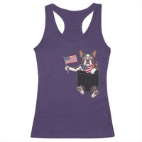 Funny Patriotic French Bulldog in Pocket Graphic Racerback Tank Top Cute Frenchie Waving US Flag Sunglasses Faux Summer