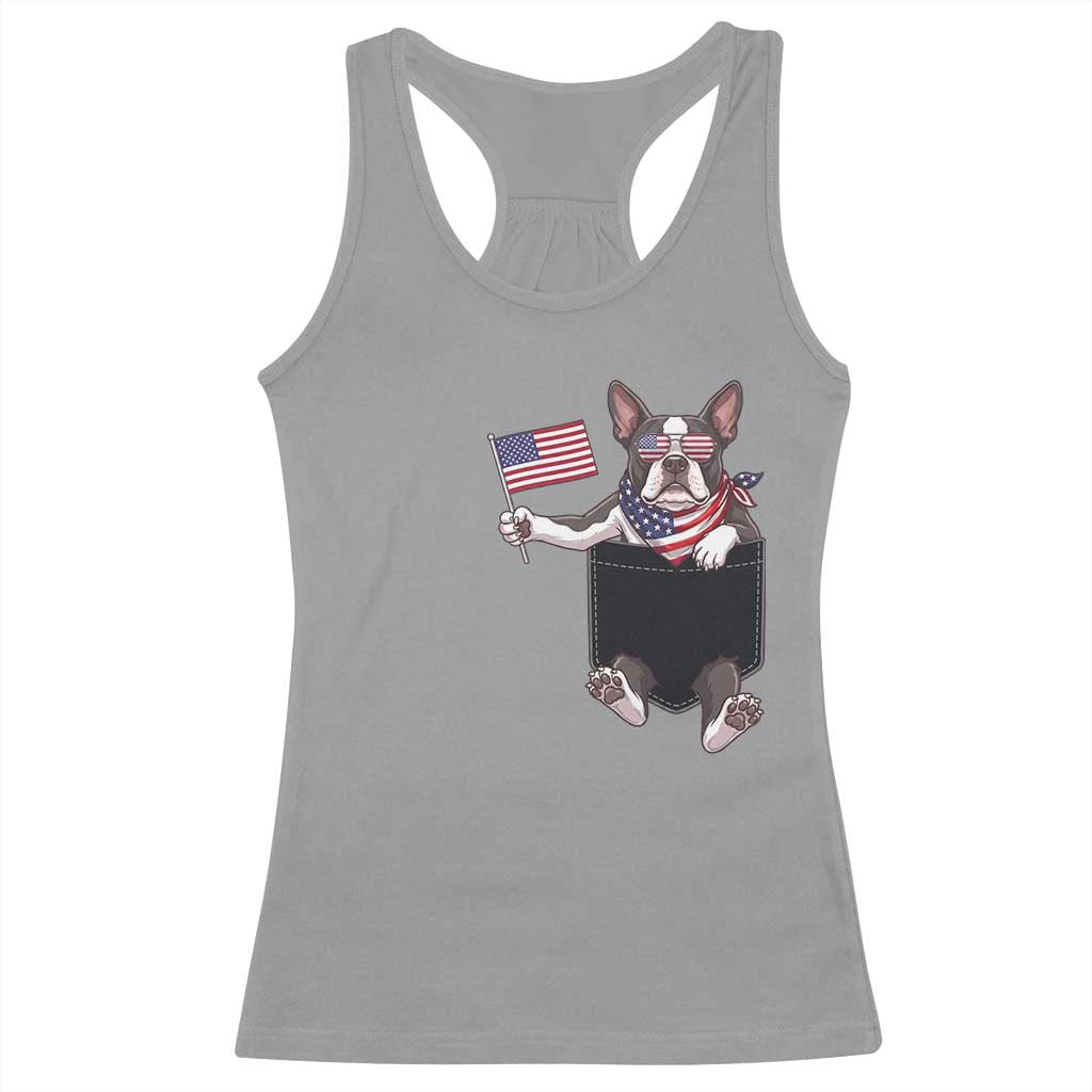 Funny Patriotic French Bulldog in Pocket Graphic Racerback Tank Top Cute Frenchie Waving US Flag Sunglasses Faux Summer