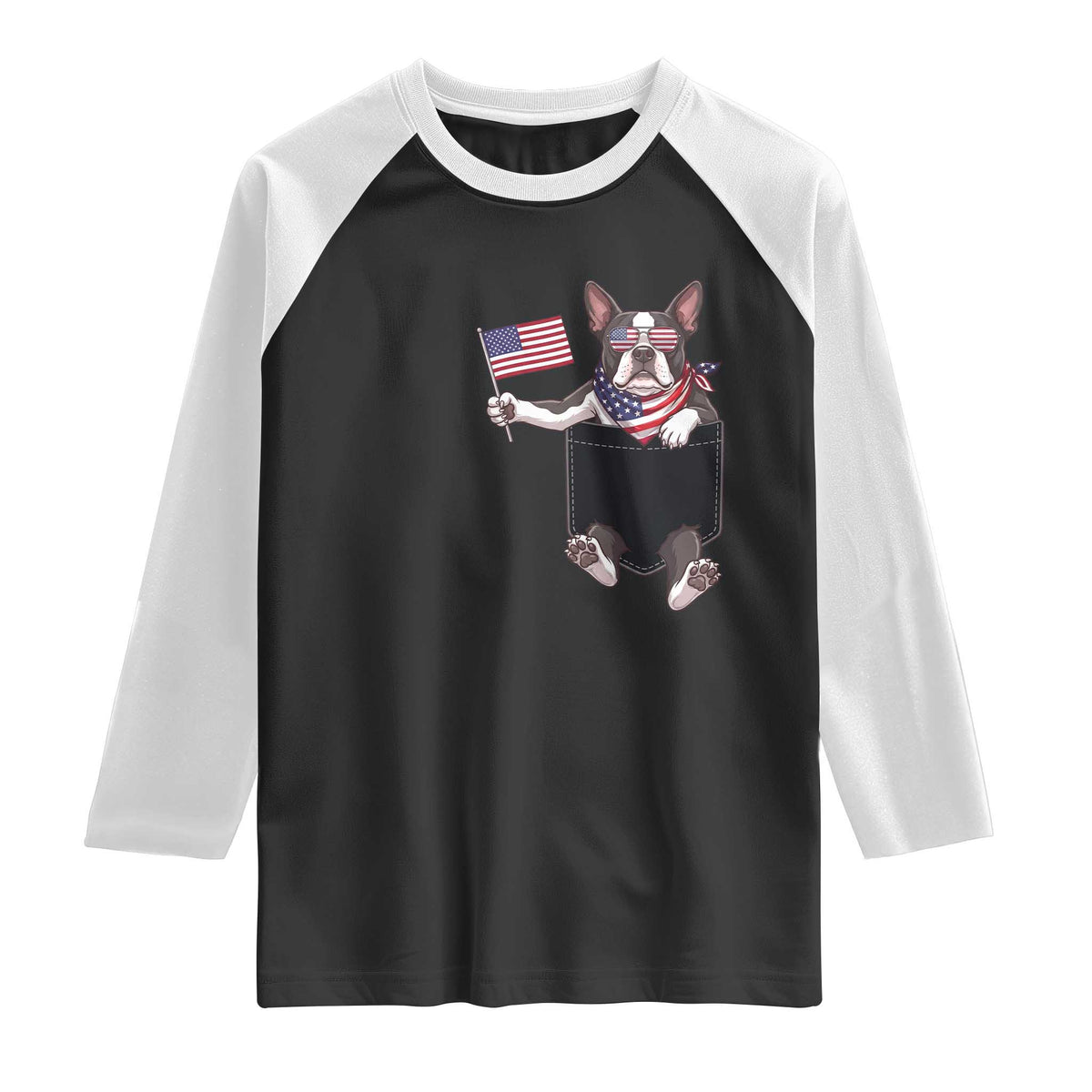 Funny Patriotic French Bulldog in Pocket Graphic Raglan Shirt Cute Frenchie Waving US Flag Sunglasses Faux Summer