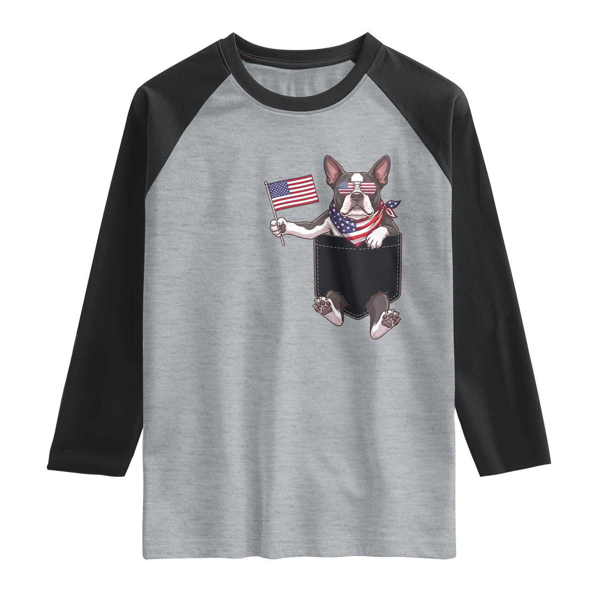 Funny Patriotic French Bulldog in Pocket Graphic Raglan Shirt Cute Frenchie Waving US Flag Sunglasses Faux Summer