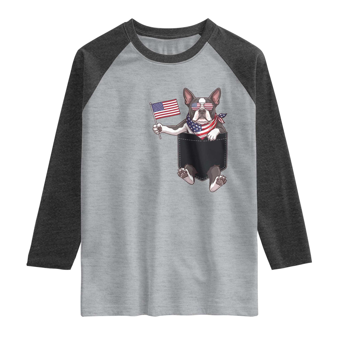 Funny Patriotic French Bulldog in Pocket Graphic Raglan Shirt Cute Frenchie Waving US Flag Sunglasses Faux Summer