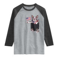 Funny Patriotic French Bulldog in Pocket Graphic Raglan Shirt Cute Frenchie Waving US Flag Sunglasses Faux Summer