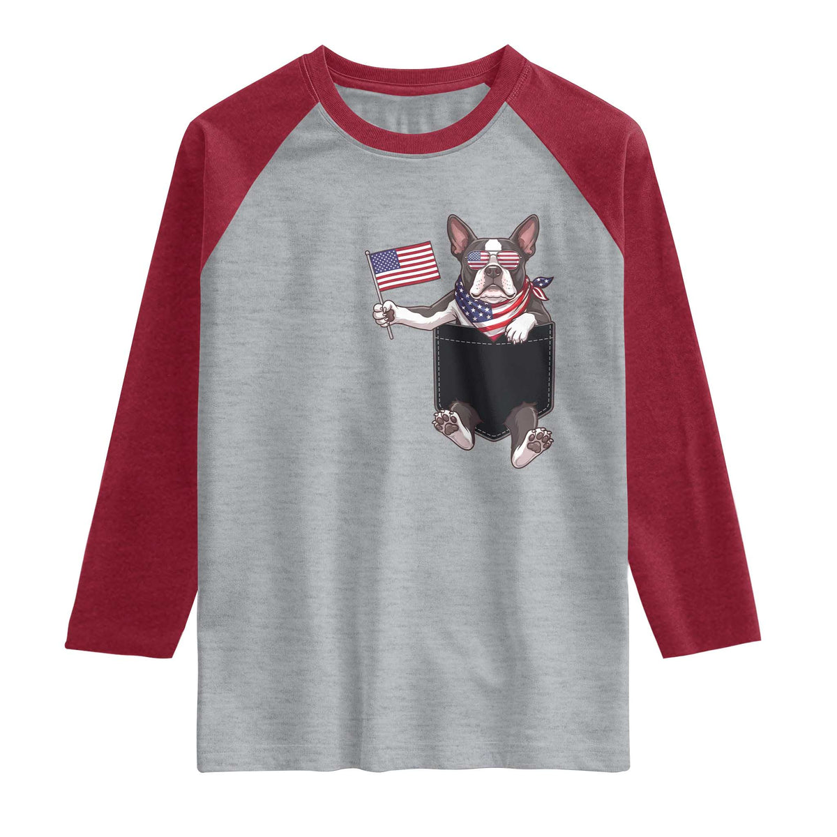 Funny Patriotic French Bulldog in Pocket Graphic Raglan Shirt Cute Frenchie Waving US Flag Sunglasses Faux Summer