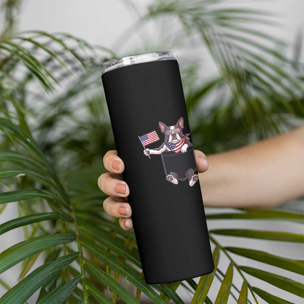 Funny Patriotic French Bulldog in Pocket Graphic Skinny Tumbler Cute Frenchie Waving US Flag Sunglasses Faux Summer
