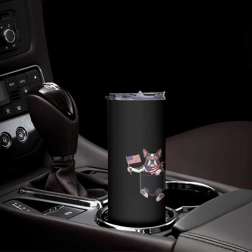 Funny Patriotic French Bulldog in Pocket Graphic Skinny Tumbler Cute Frenchie Waving US Flag Sunglasses Faux Summer