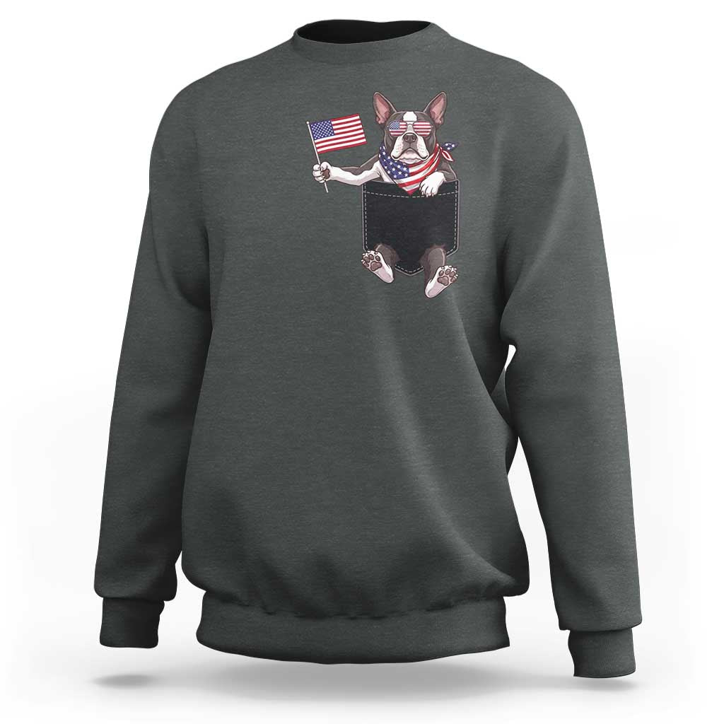 Funny Patriotic French Bulldog in Pocket Graphic Sweatshirt Cute Frenchie Waving US Flag Sunglasses Faux Summer