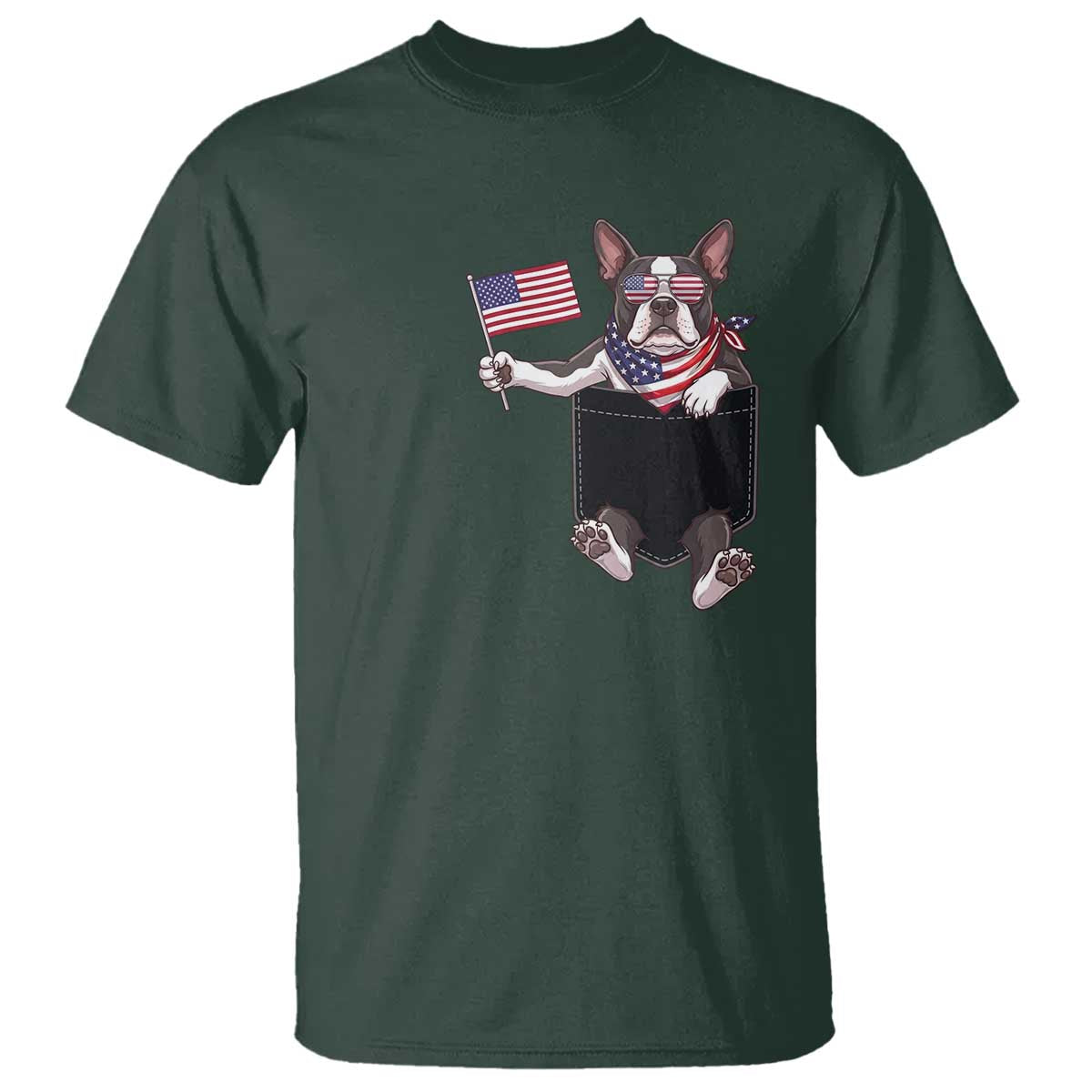Funny Patriotic French Bulldog in Pocket Graphic T Shirt Cute Frenchie Waving US Flag Sunglasses Faux Summer