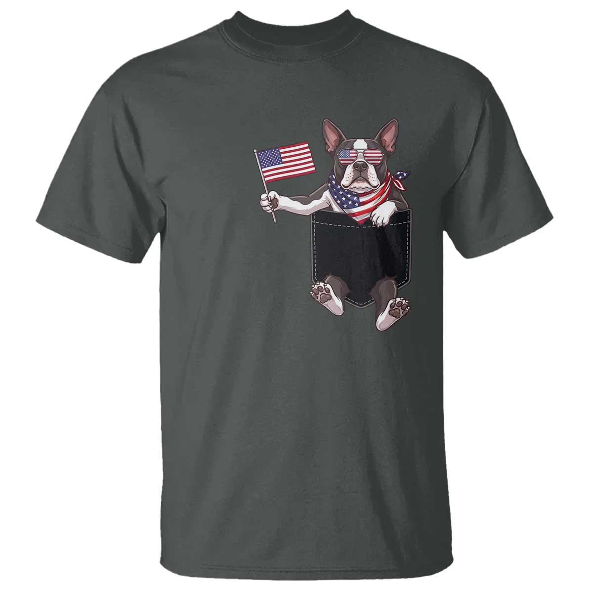 Funny Patriotic French Bulldog in Pocket Graphic T Shirt Cute Frenchie Waving US Flag Sunglasses Faux Summer