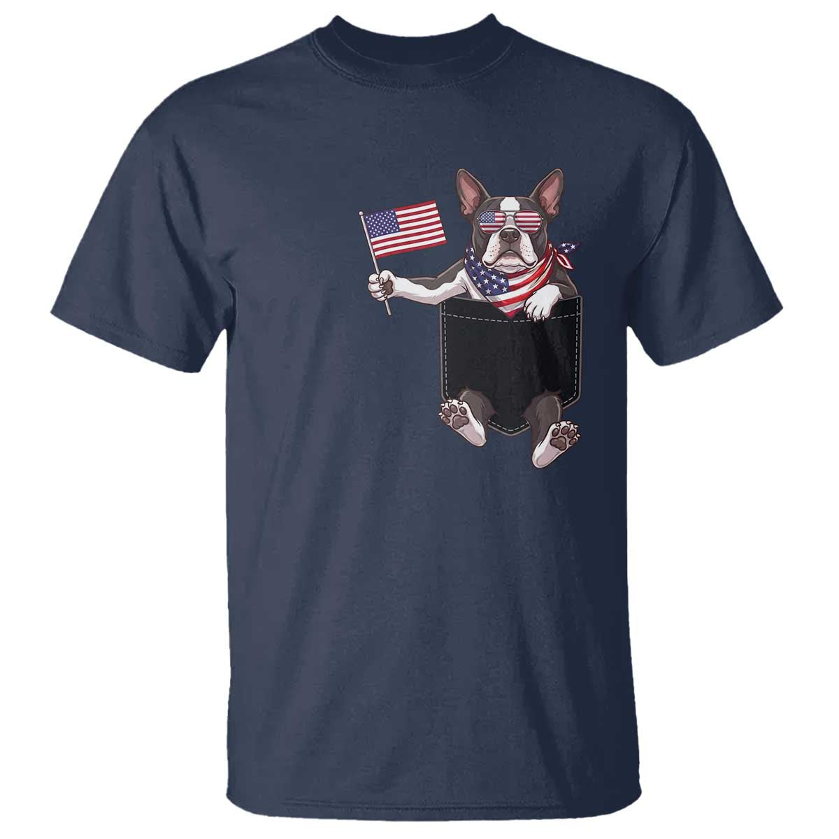 Funny Patriotic French Bulldog in Pocket Graphic T Shirt Cute Frenchie Waving US Flag Sunglasses Faux Summer