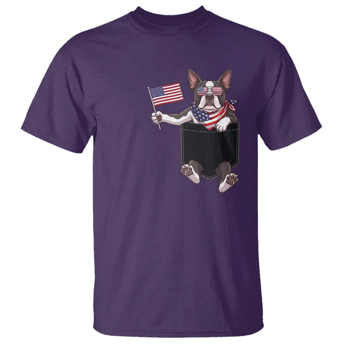Funny Patriotic French Bulldog in Pocket Graphic T Shirt Cute Frenchie Waving US Flag Sunglasses Faux Summer