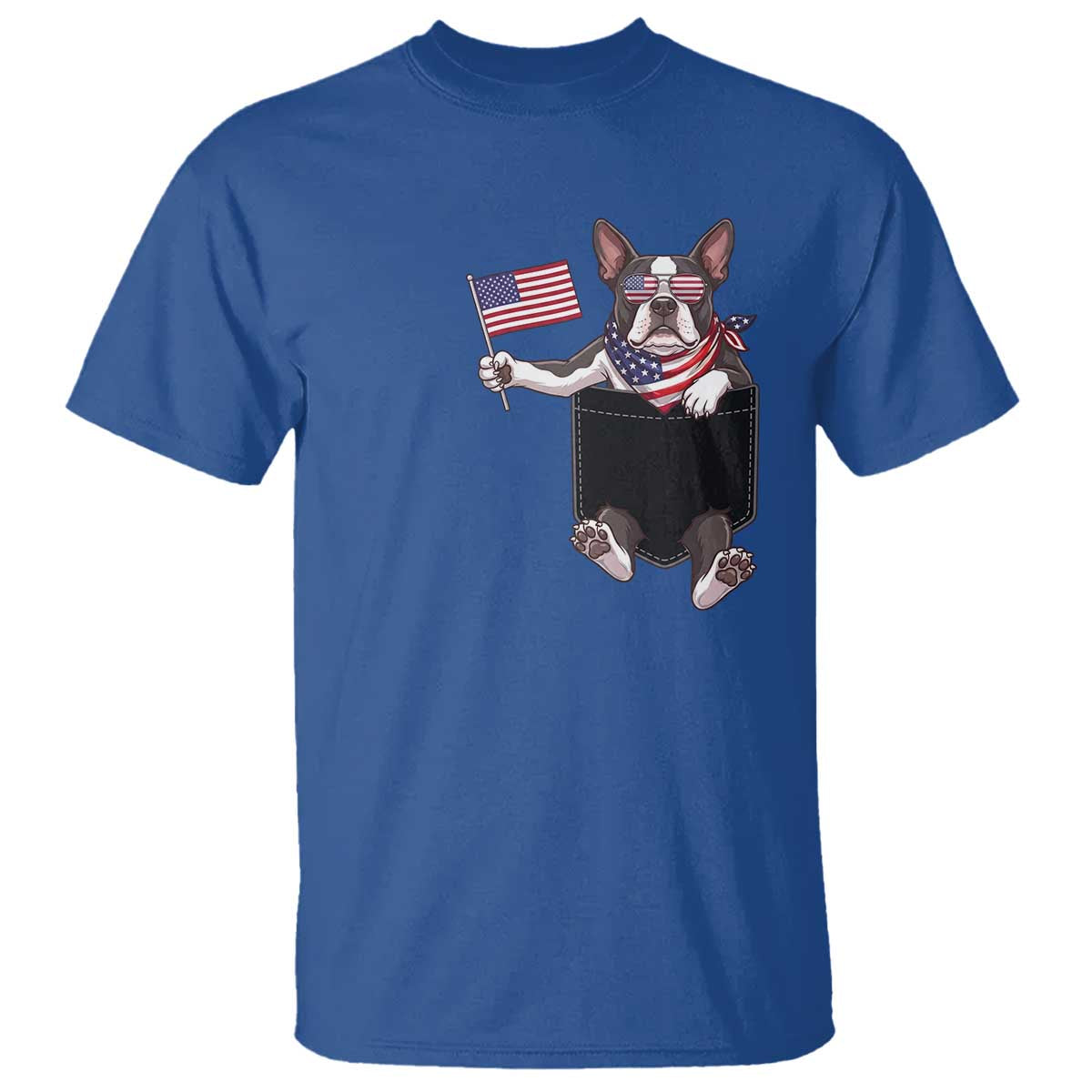 Funny Patriotic French Bulldog in Pocket Graphic T Shirt Cute Frenchie Waving US Flag Sunglasses Faux Summer