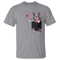 Funny Patriotic French Bulldog in Pocket Graphic T Shirt Cute Frenchie Waving US Flag Sunglasses Faux Summer