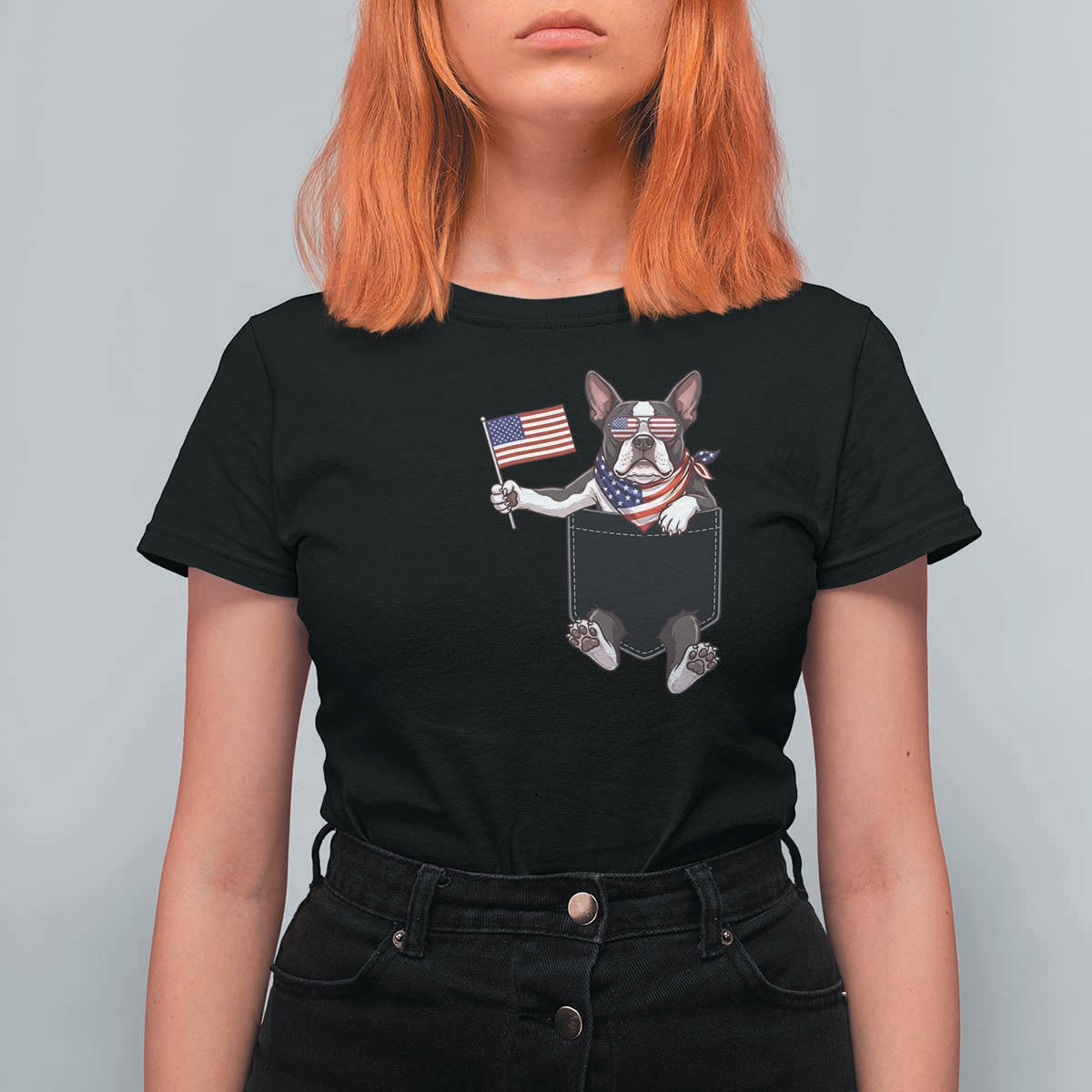 Funny Patriotic French Bulldog in Pocket Graphic T Shirt For Women Cute Frenchie Waving US Flag Sunglasses Faux Summer