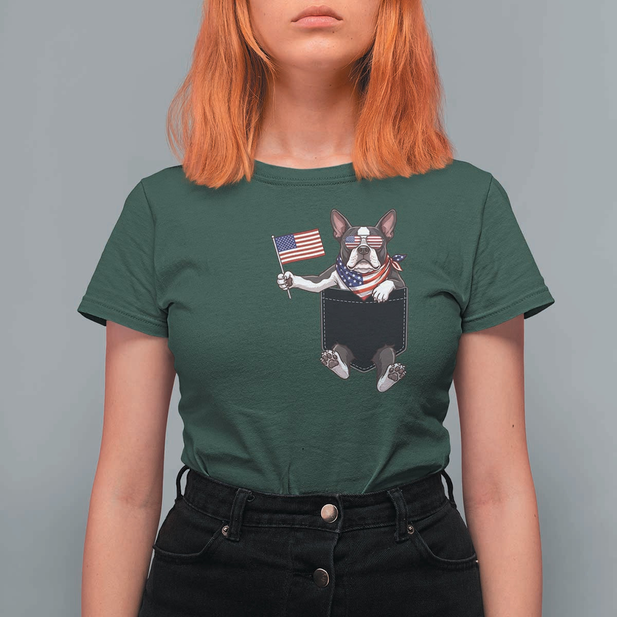 Funny Patriotic French Bulldog in Pocket Graphic T Shirt For Women Cute Frenchie Waving US Flag Sunglasses Faux Summer