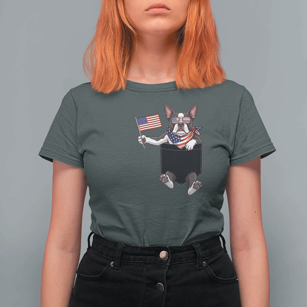 Funny Patriotic French Bulldog in Pocket Graphic T Shirt For Women Cute Frenchie Waving US Flag Sunglasses Faux Summer