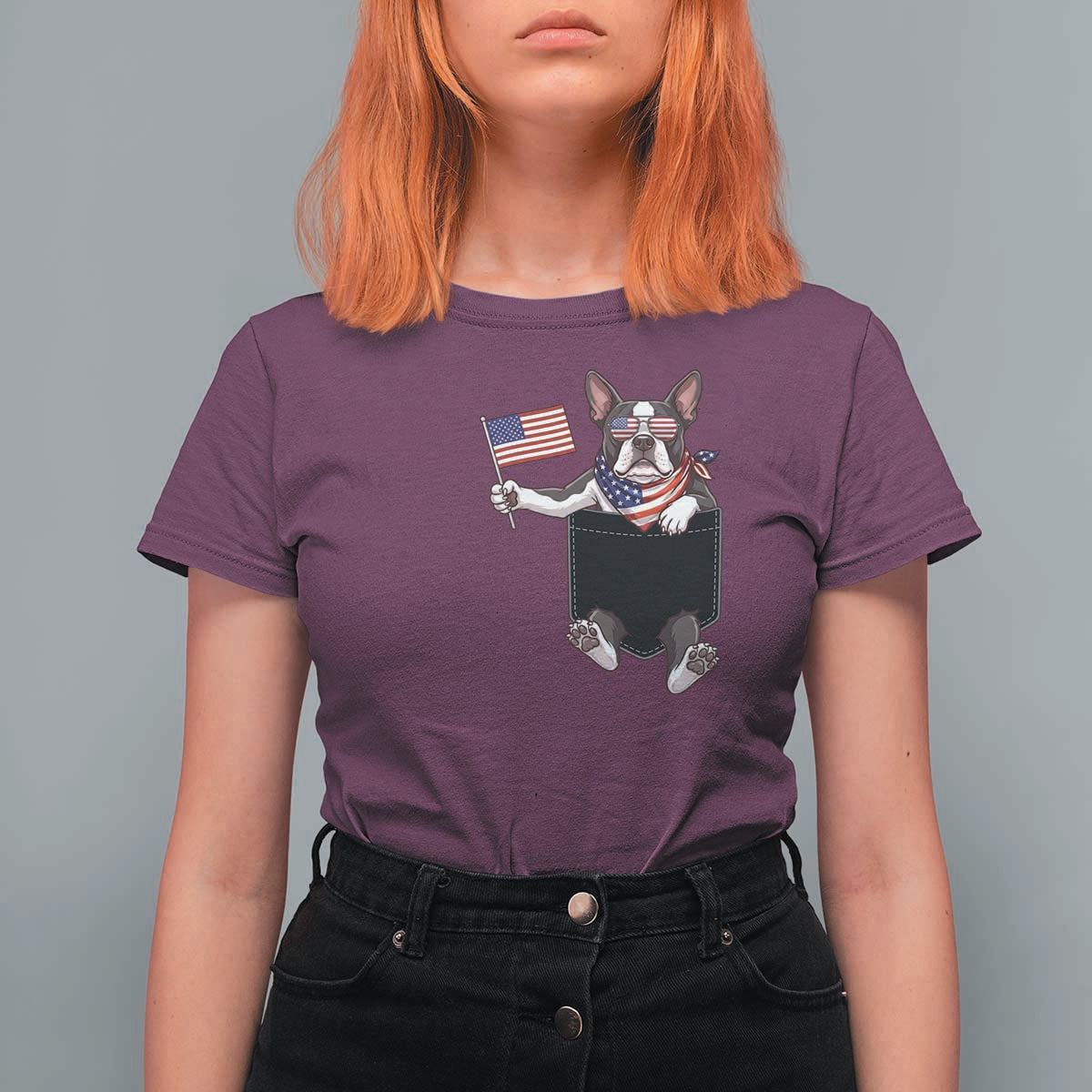 Funny Patriotic French Bulldog in Pocket Graphic T Shirt For Women Cute Frenchie Waving US Flag Sunglasses Faux Summer