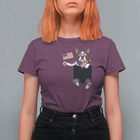 Funny Patriotic French Bulldog in Pocket Graphic T Shirt For Women Cute Frenchie Waving US Flag Sunglasses Faux Summer
