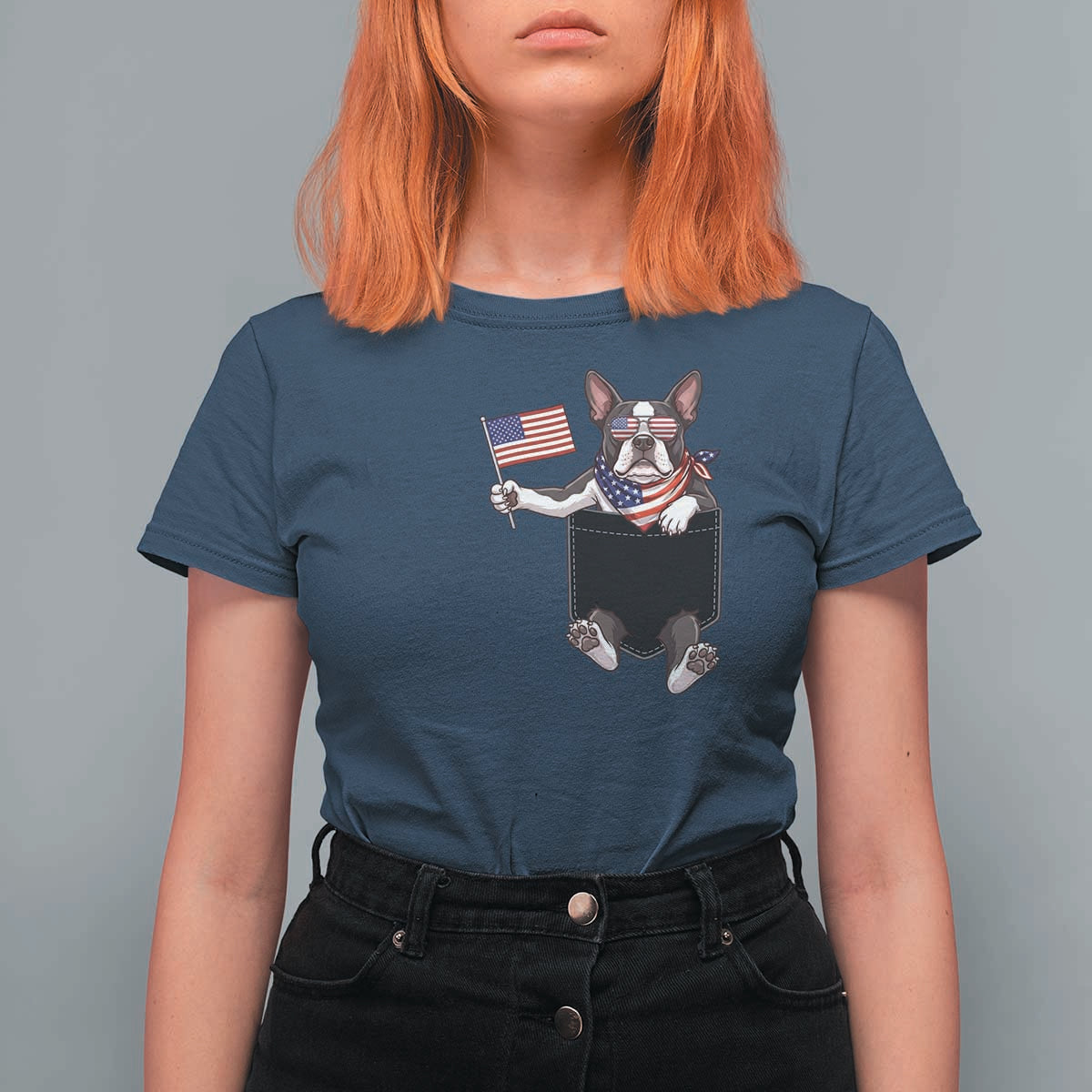 Funny Patriotic French Bulldog in Pocket Graphic T Shirt For Women Cute Frenchie Waving US Flag Sunglasses Faux Summer