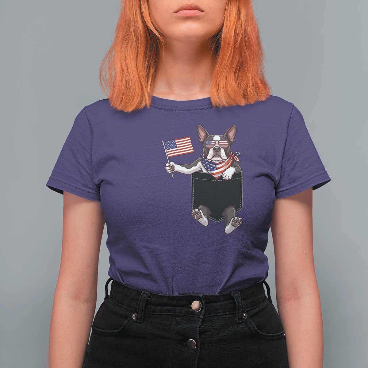 Funny Patriotic French Bulldog in Pocket Graphic T Shirt For Women Cute Frenchie Waving US Flag Sunglasses Faux Summer