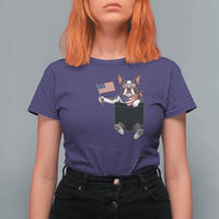 Funny Patriotic French Bulldog in Pocket Graphic T Shirt For Women Cute Frenchie Waving US Flag Sunglasses Faux Summer