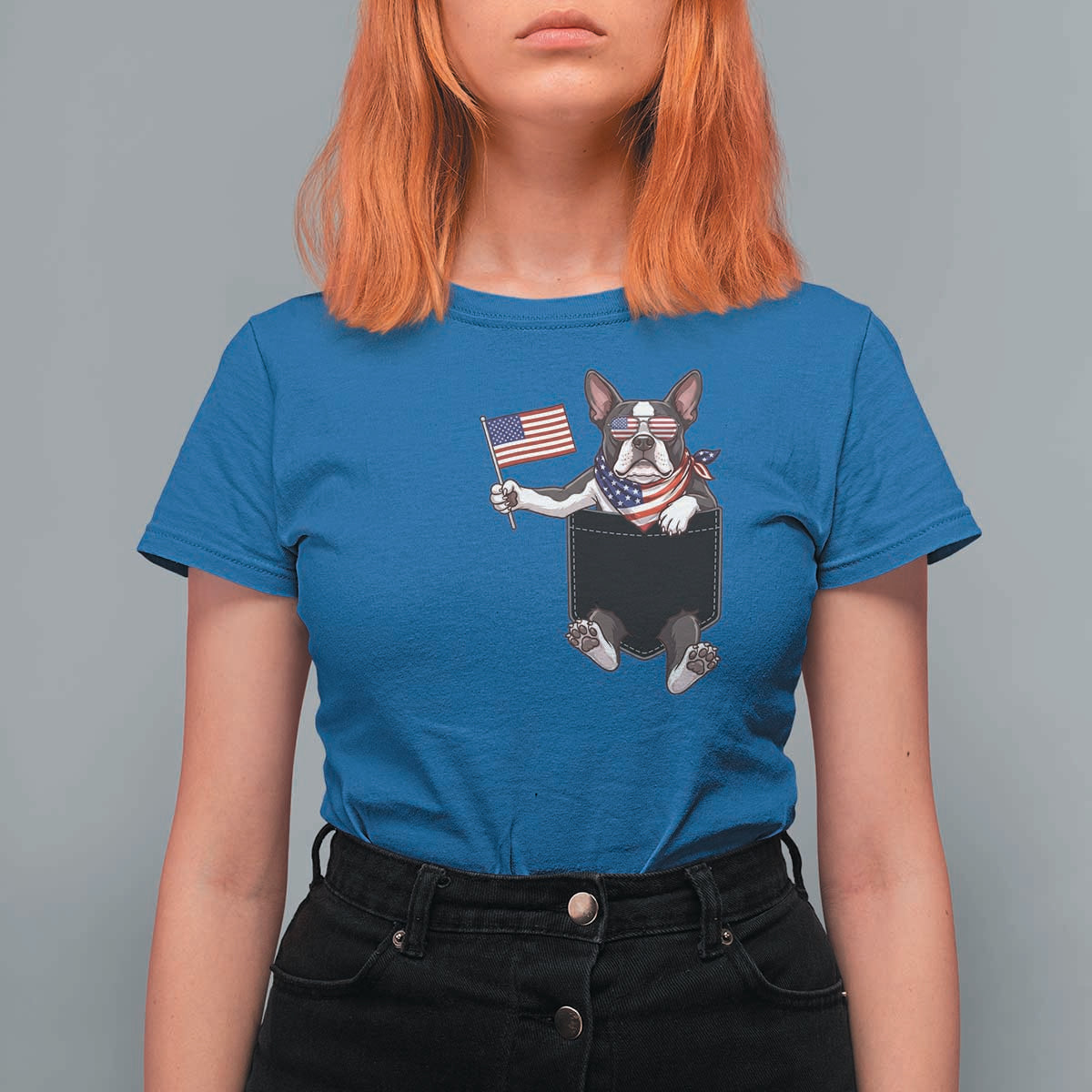 Funny Patriotic French Bulldog in Pocket Graphic T Shirt For Women Cute Frenchie Waving US Flag Sunglasses Faux Summer