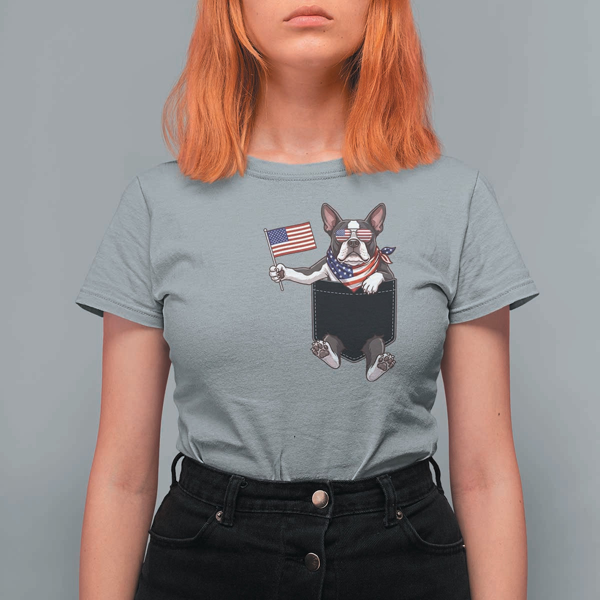 Funny Patriotic French Bulldog in Pocket Graphic T Shirt For Women Cute Frenchie Waving US Flag Sunglasses Faux Summer