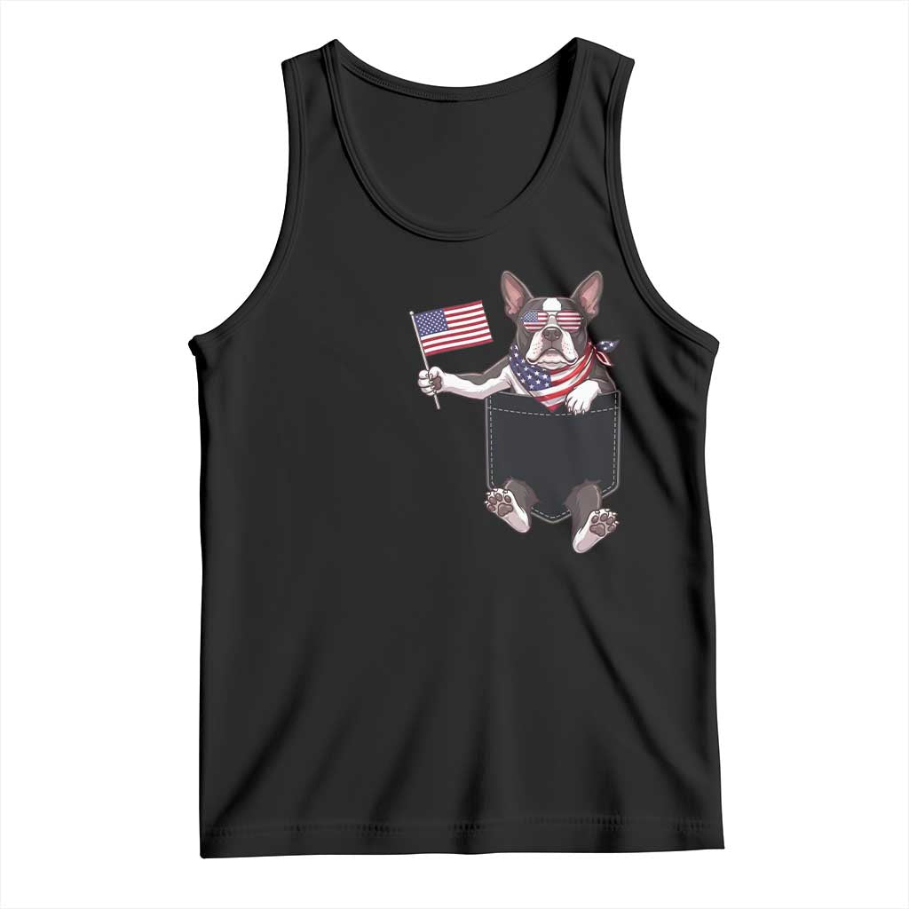 Funny Patriotic French Bulldog in Pocket Graphic Tank Top Cute Frenchie Waving US Flag Sunglasses Faux Summer