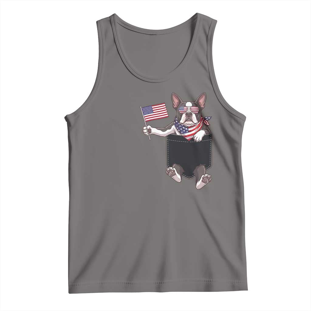 Funny Patriotic French Bulldog in Pocket Graphic Tank Top Cute Frenchie Waving US Flag Sunglasses Faux Summer