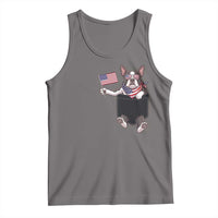 Funny Patriotic French Bulldog in Pocket Graphic Tank Top Cute Frenchie Waving US Flag Sunglasses Faux Summer