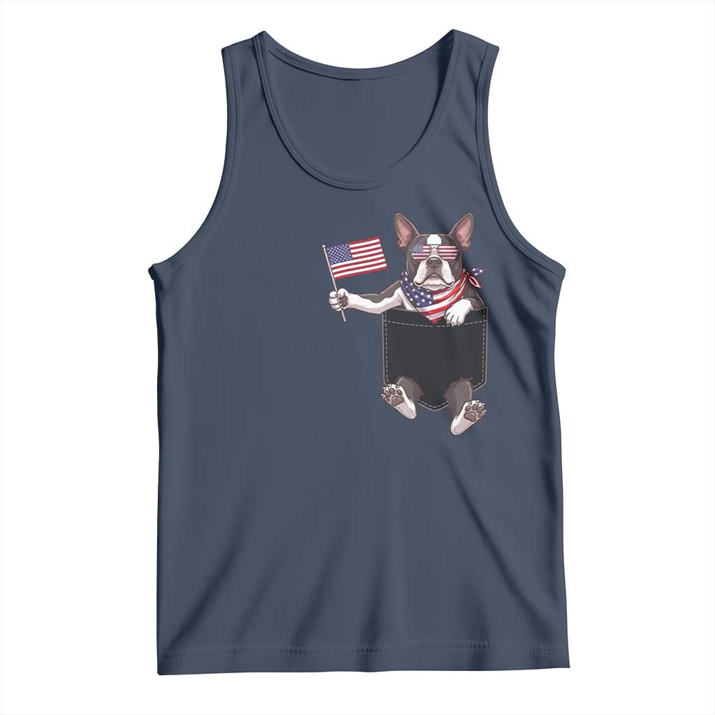 Funny Patriotic French Bulldog in Pocket Graphic Tank Top Cute Frenchie Waving US Flag Sunglasses Faux Summer