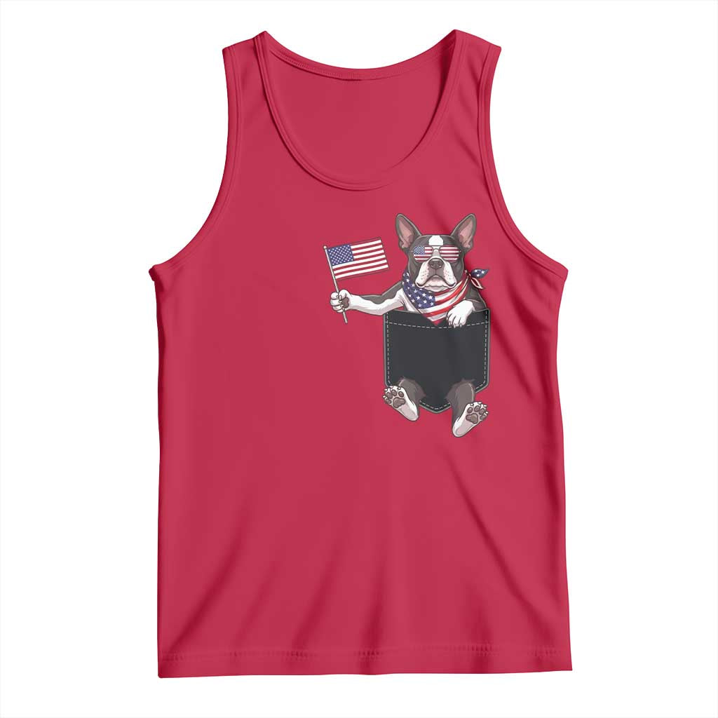 Funny Patriotic French Bulldog in Pocket Graphic Tank Top Cute Frenchie Waving US Flag Sunglasses Faux Summer
