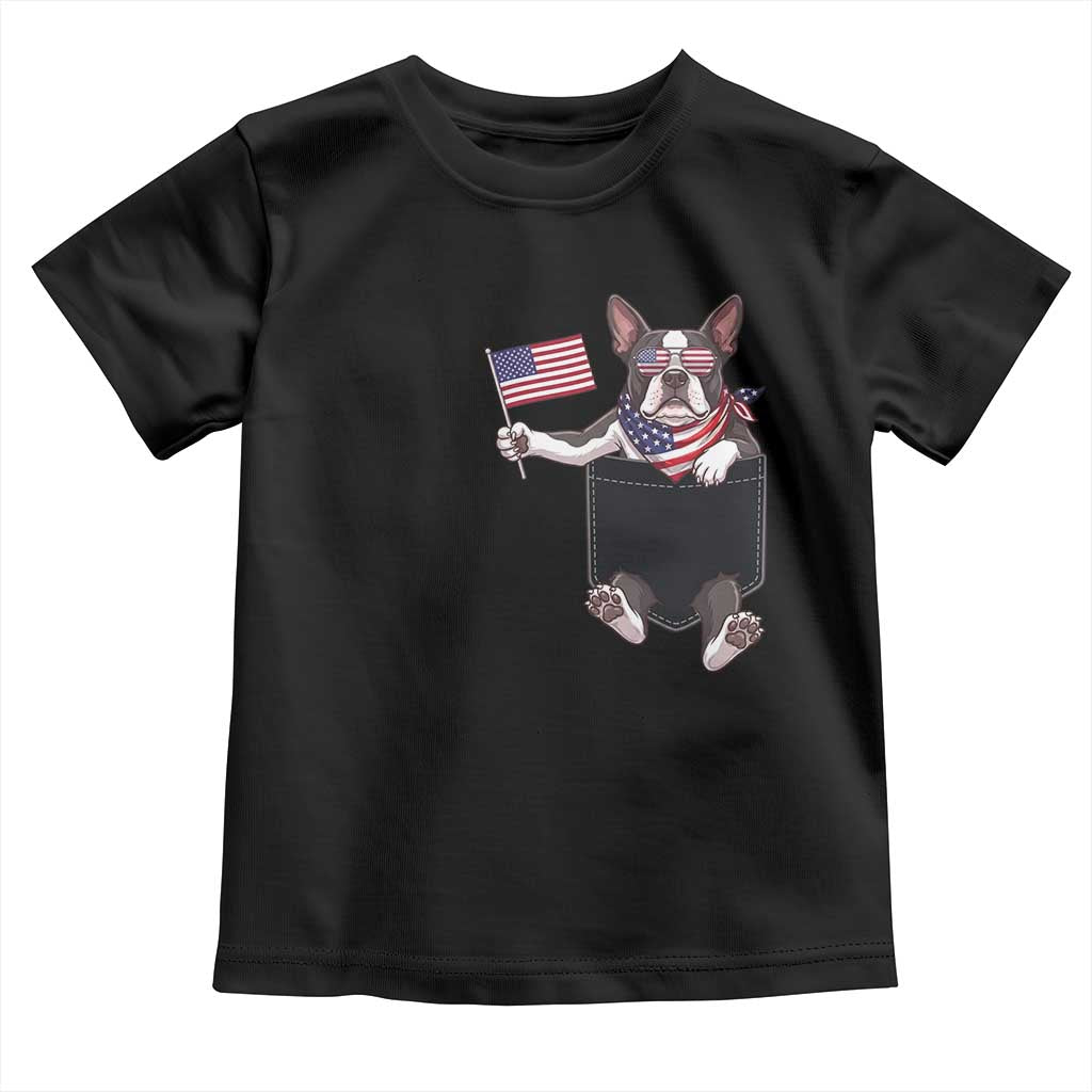 Funny Patriotic French Bulldog in Pocket Graphic Toddler T Shirt Cute Frenchie Waving US Flag Sunglasses Faux Summer
