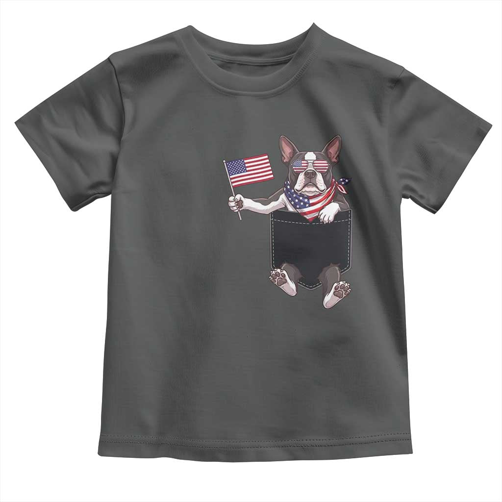 Funny Patriotic French Bulldog in Pocket Graphic Toddler T Shirt Cute Frenchie Waving US Flag Sunglasses Faux Summer
