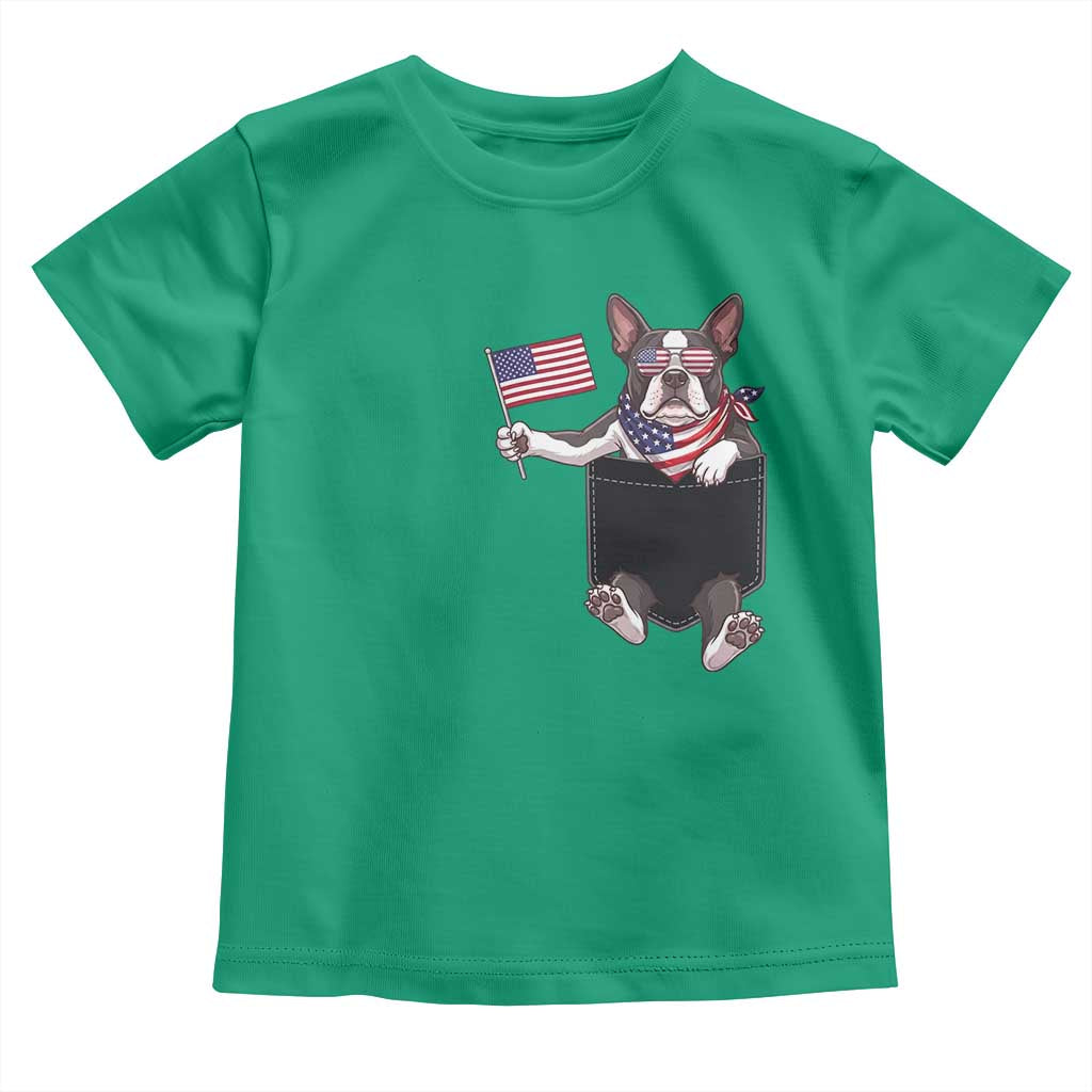 Funny Patriotic French Bulldog in Pocket Graphic Toddler T Shirt Cute Frenchie Waving US Flag Sunglasses Faux Summer