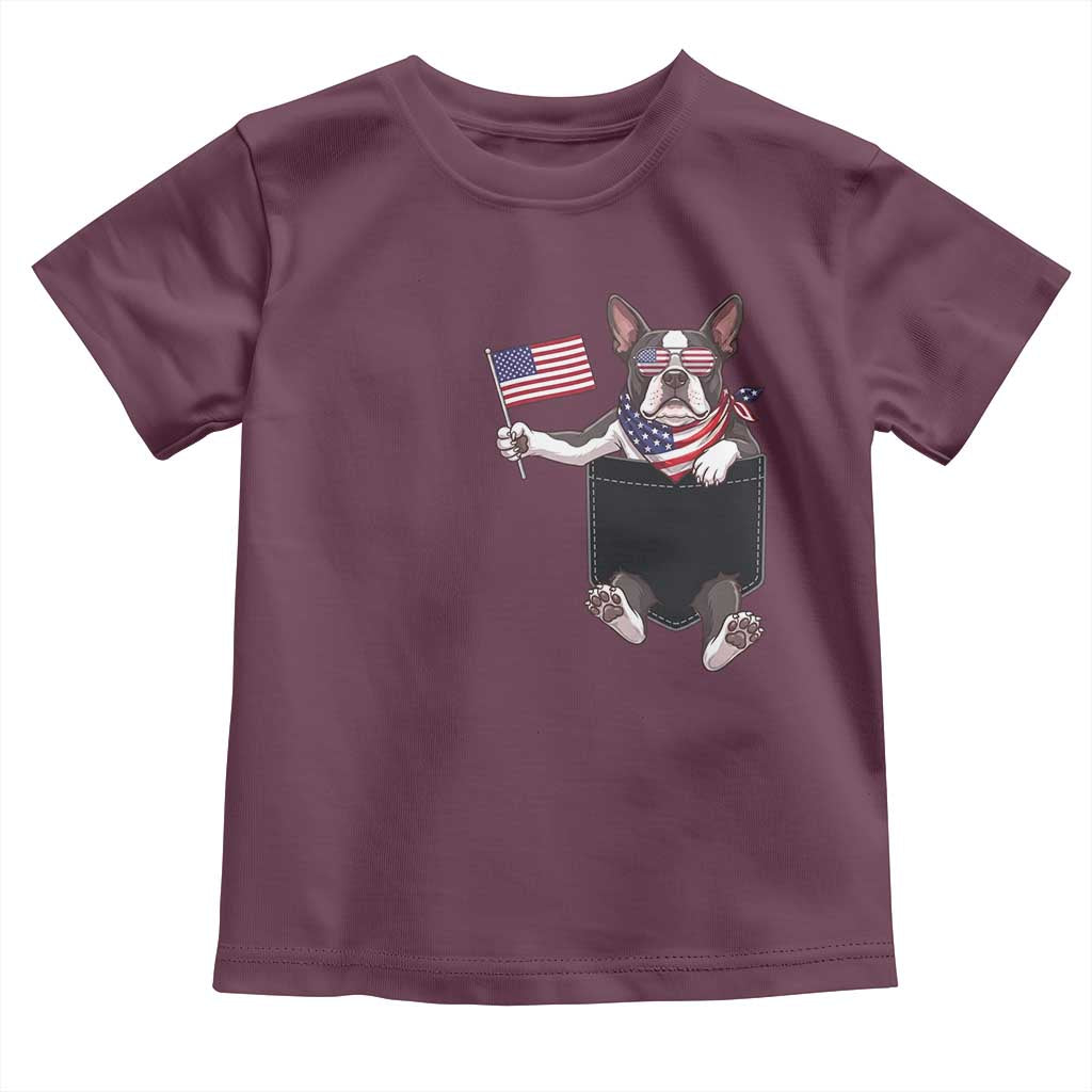 Funny Patriotic French Bulldog in Pocket Graphic Toddler T Shirt Cute Frenchie Waving US Flag Sunglasses Faux Summer