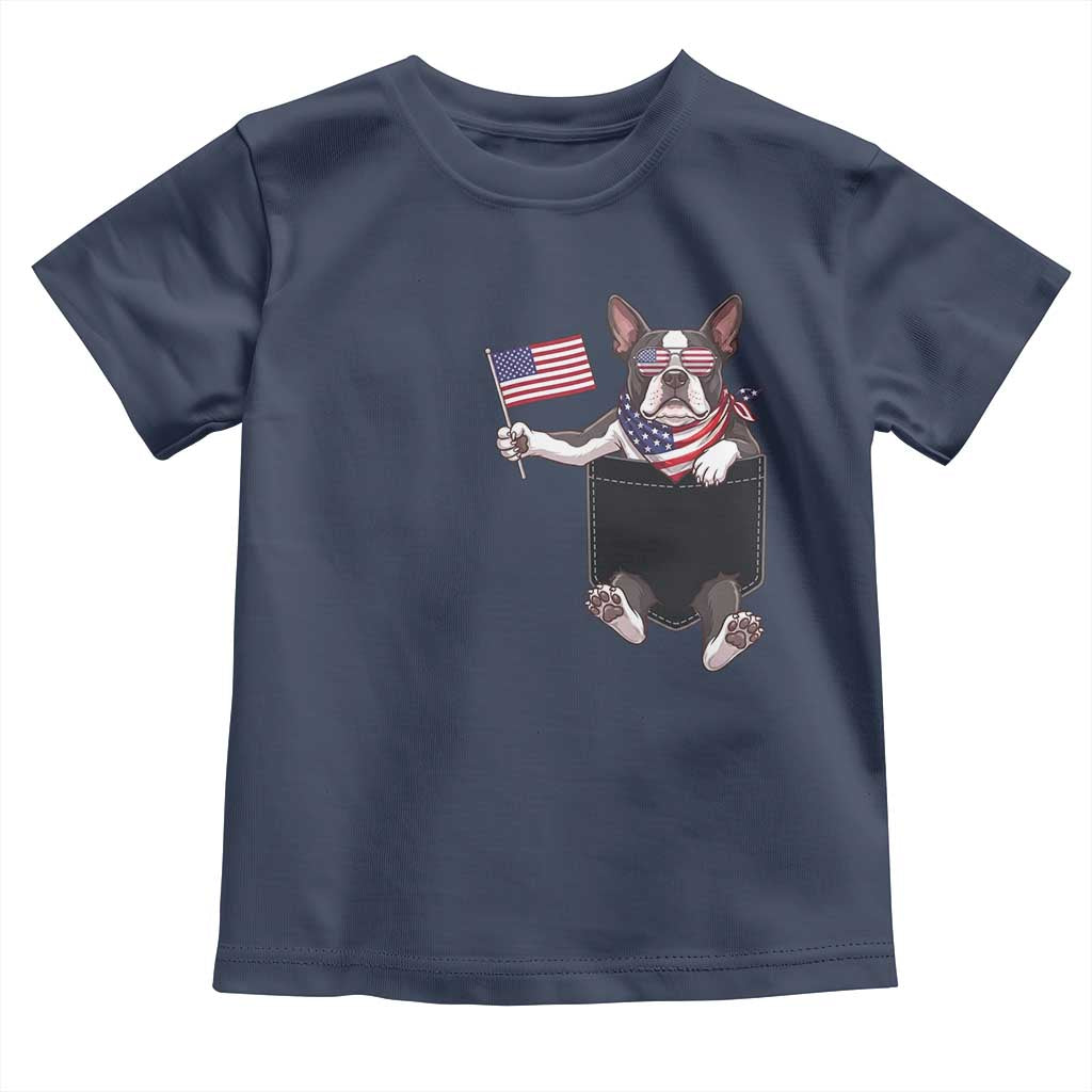 Funny Patriotic French Bulldog in Pocket Graphic Toddler T Shirt Cute Frenchie Waving US Flag Sunglasses Faux Summer
