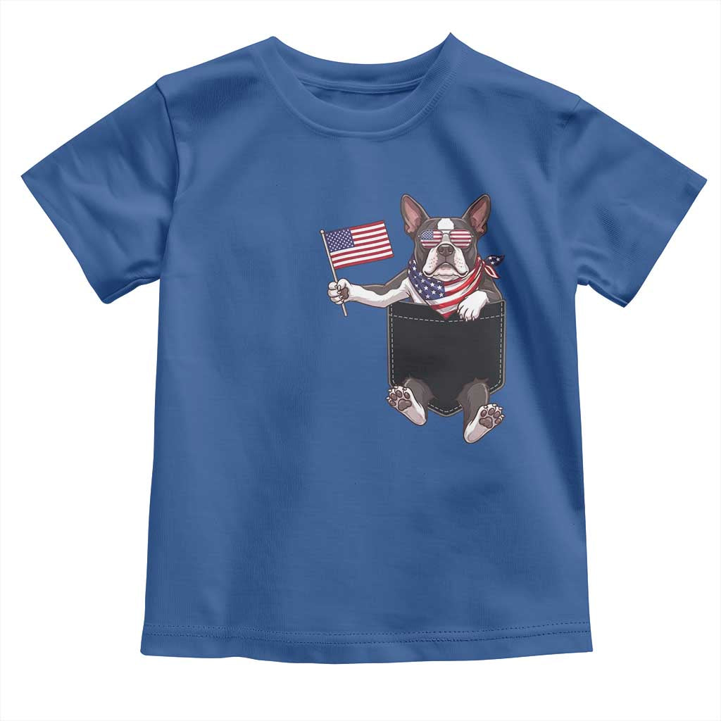 Funny Patriotic French Bulldog in Pocket Graphic Toddler T Shirt Cute Frenchie Waving US Flag Sunglasses Faux Summer