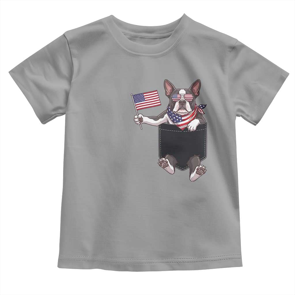 Funny Patriotic French Bulldog in Pocket Graphic Toddler T Shirt Cute Frenchie Waving US Flag Sunglasses Faux Summer
