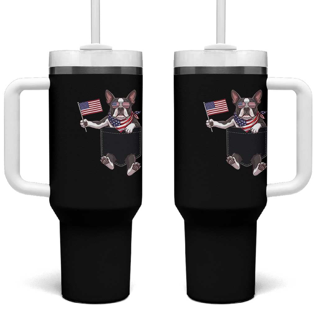 Funny Patriotic French Bulldog in Pocket Graphic Tumbler With Handle Cute Frenchie Waving US Flag Sunglasses Faux Summer