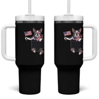 Funny Patriotic French Bulldog in Pocket Graphic Tumbler With Handle Cute Frenchie Waving US Flag Sunglasses Faux Summer
