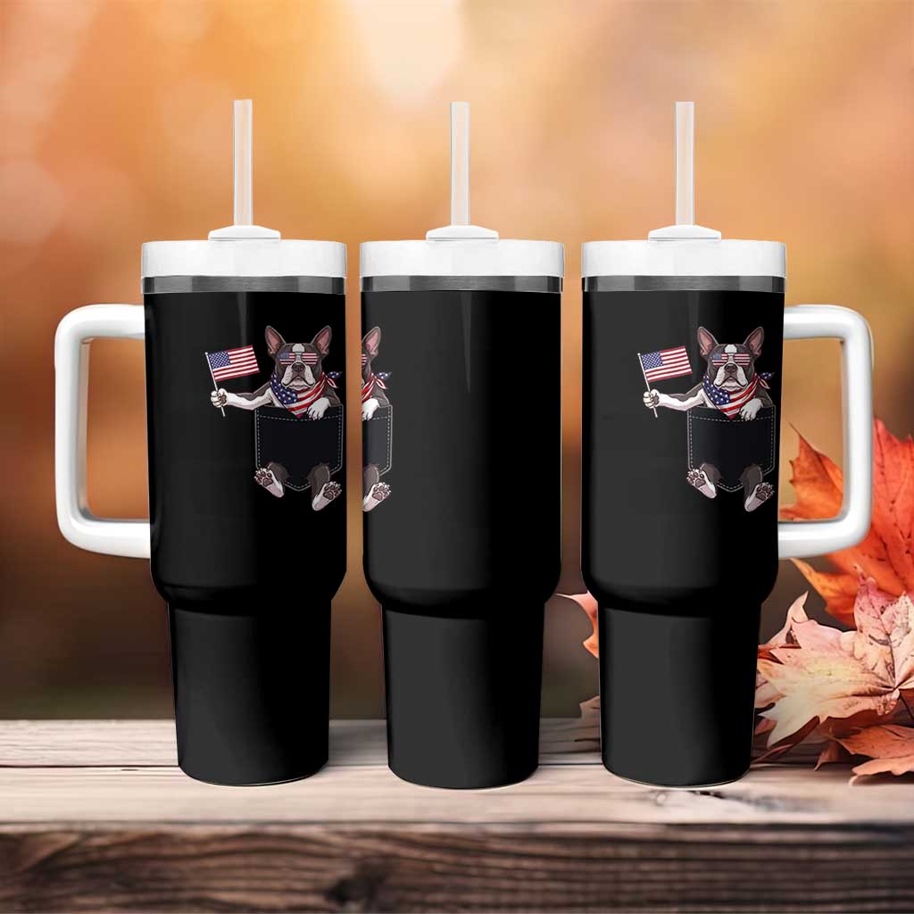 Funny Patriotic French Bulldog in Pocket Graphic Tumbler With Handle Cute Frenchie Waving US Flag Sunglasses Faux Summer