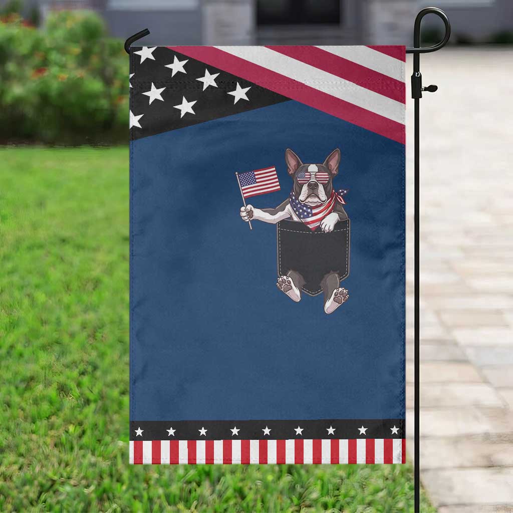 Funny French Bulldog in Pocket Graphic Patriotic Garden Flag Cute Frenchie Waving US Flag Sunglasses Faux Summer