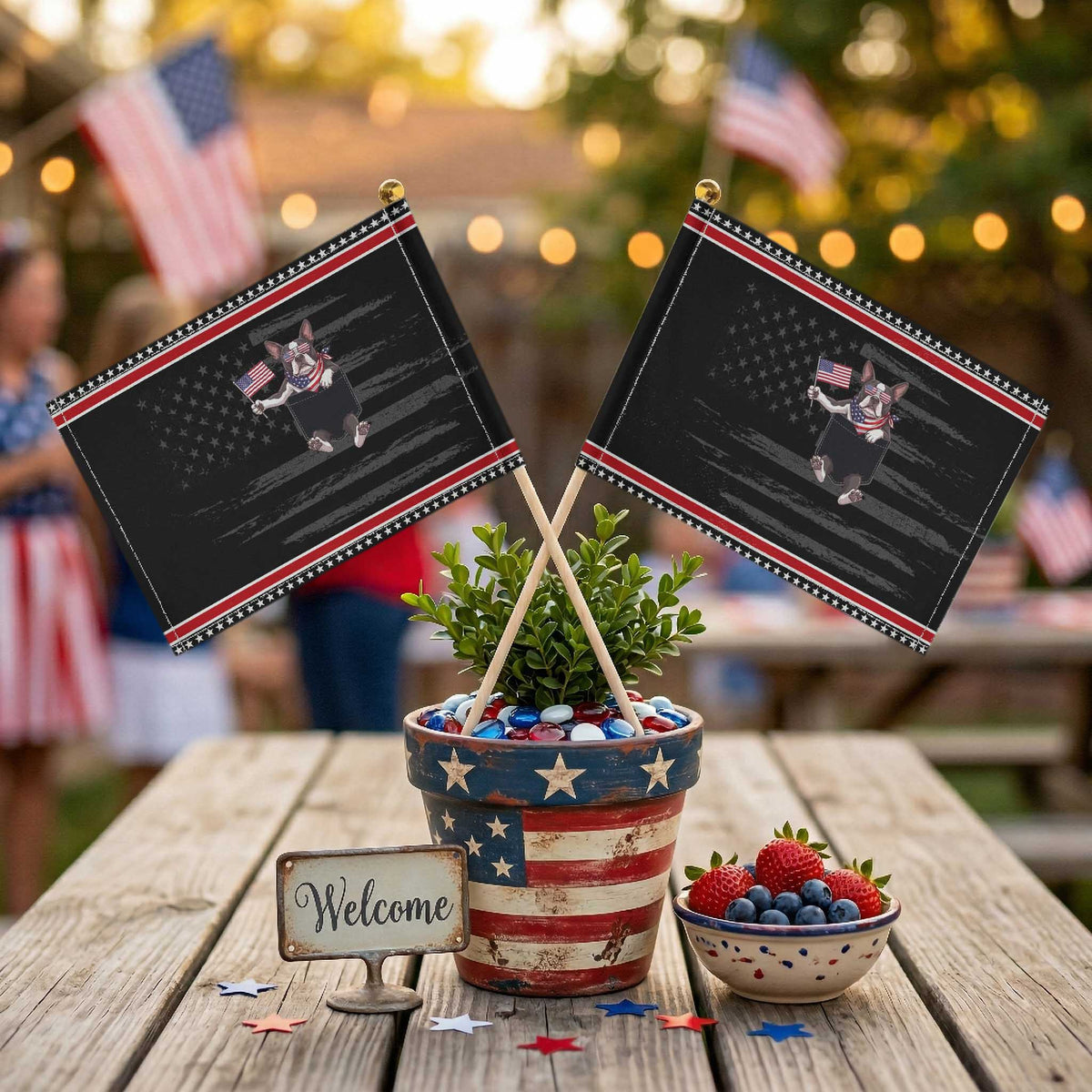 Funny French Bulldog in Pocket Graphic Patriotic Handheld Flag Cute Frenchie Waving US Flag Sunglasses Faux Summer