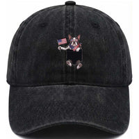 Funny Patriotic French Bulldog in Pocket Graphic Washed Cotton Baseball Cap Cute Frenchie Waving US Flag Sunglasses Faux Summer